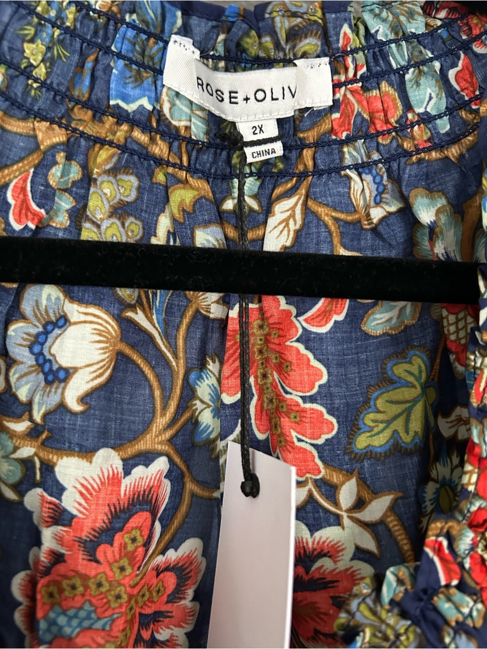 Rose & Olive Navy Floral Smocked Peasant Top with Red & Teal Blooms - Picture 3 of 4